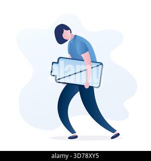 Tired businesswoman hold battery with low energy level. Unhappy overworked woman employee, stress . Overload, exhausted female character in trendy sim Stock Vector