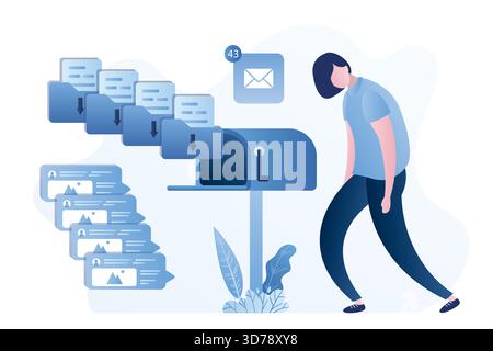 Open mailbox, unhappy woman receive email, messages and spam. Post service. Internet communication, feedback. Group mailing and digital marketing mess Stock Vector