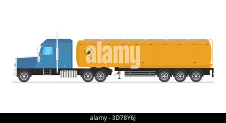 Big blue semi truck with yellow fuel tank. Oil industry truck design. Cartoon petroleum tank. Side view. Vehicle isolated on white background. Flat ve Stock Vector