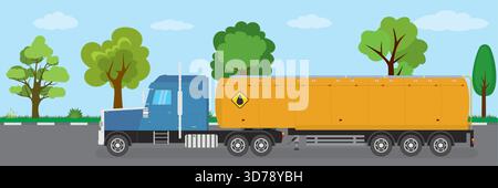 Oil industry truck design. Cartoon petroleum tanker on road, natural landscape on background. Side view. Semi truck with yellow fuel tank. Horizontal Stock Vector