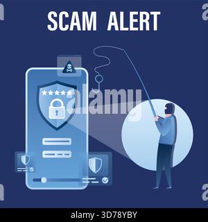 Data protection, mobile with effective antivirus. Spamming, virus detection. Hacker attack, scam alert. Network piracy danger. Hacker steals passwords Stock Vector