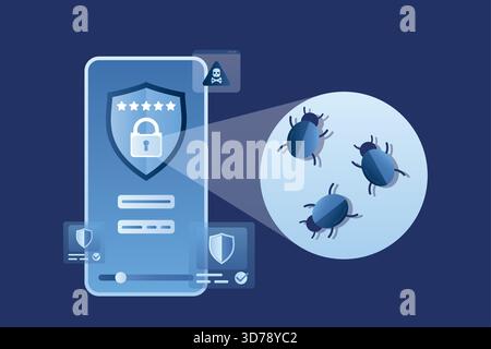Data protection concept. Modern smartphone with effective antivirus. Spamming, virus detection. Hacker attack, bugs and scam alert. Network piracy dan Stock Vector