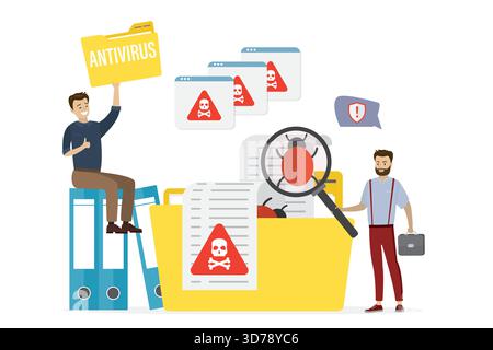 Cartoon programmer and system administrator search viruses and bugs in folders. Antivirus scan. Data protection, cyber crime problems. Teamwork, digit Stock Vector