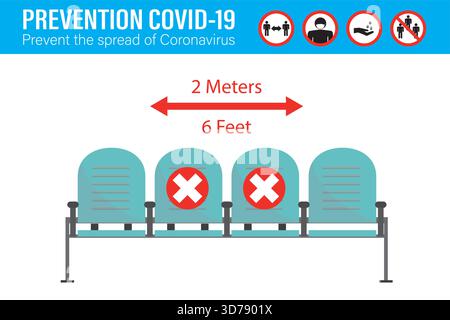 Covid-19 prevention banner template. Row of chairs with prohibited marks, social distancing norms. Coronavirus pandemic, healthcare. Seats isolated on Stock Vector