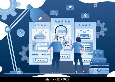 Tourist couple choose hotel for accommodation. People with baggage select apartments or room. Online search before trip. Tiny people back view in tren Stock Vector