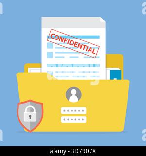 Yellow folder with confidential documents. Sensitive data and information. Data protection. Secure account, profile login and password. Paperwork in o Stock Vector