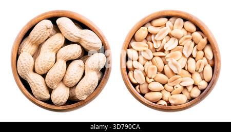 In-shell roasted peanuts, with shells and shelled in wooden bowls. Whole, crunchy nuts, fruits of Arachis hypogaea. Stock Photo