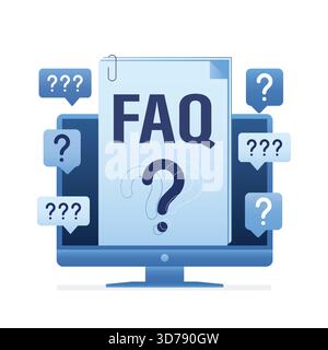 FAQ, user guide or tutorial on monitor screen, Question mark on document. Speech bubbles asking questions around computer. Online chat, support and cu Stock Vector