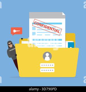 Yellow folder with confidential documents. Hacker attacking account. Sensitive data and information. Data protection. Profile login and password. Malw Stock Vector