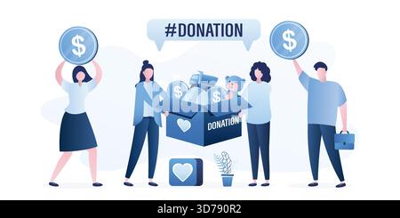 Women holds big box with donations, people philanthropists with coins. Donation concept banner. Toys and money in box. Female volunteers collect chari Stock Vector