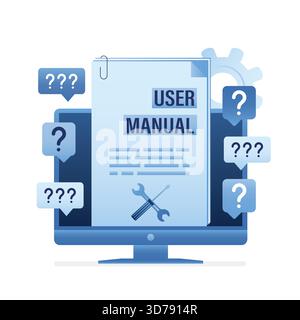 User manual, faq or tutorial on monitor screen. Guidebook for clients. Speech bubbles asking questions around computer. Online chat, support and custo Stock Vector