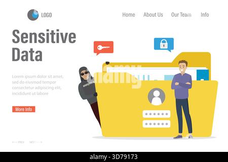 Data protection, effective antivirus or firewall. Sensitive data landing page template, businessman with folder. Hacker attack, network piracy danger. Stock Vector