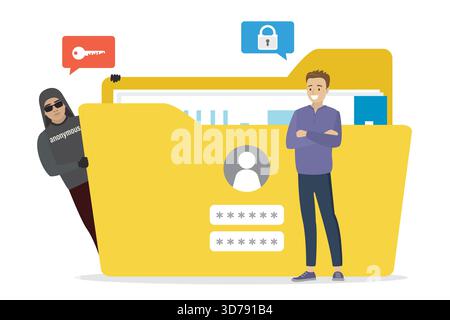 Data protection, effective antivirus or firewall. Sensitive data, happy businessman with yellow folder. Hacker attack, network piracy danger. Hacker w Stock Vector
