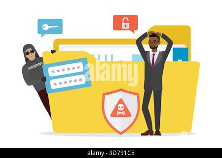 Data protection, ineffective antivirus or firewall. Sensitive data, unhappy businessman with yellow folder. Hacker attack, network piracy danger. Hack Stock Vector