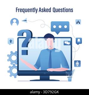 FAQ, customer support or helpdesk concept. Handsome man consultant, assistant with question mark. Male character helper. Technology of online support, Stock Vector