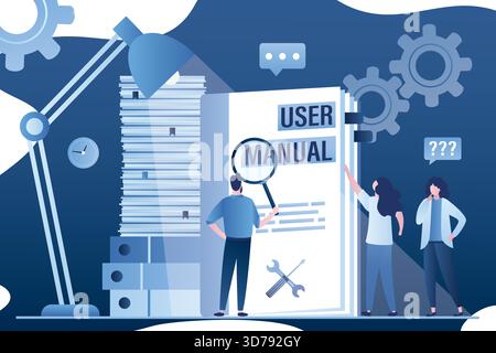 User manual concept banner. Business People reading guide instruction or textbook. Office paperwork,teamwork. Employees with guidance guided textbook. Stock Vector