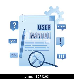 User manual, faq or tutorial with question marks. Guidebook for clients. Speech bubbles asking questions around textbook. Online chat, support and cus Stock Vector