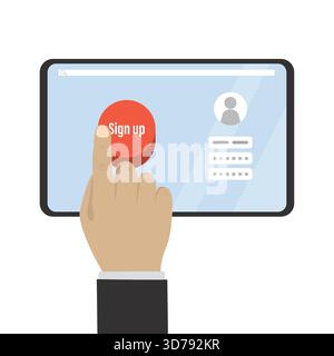 Cartoon hand touching red button on screen. Tablet computer with online registration form and sign up button. User login mobile application flat desig Stock Vector