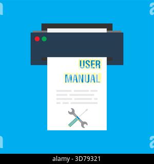 Printer prints cover page for user manual. FAQ, user guide or textbook isolated on blue background. Flat design vector illustration Stock Vector