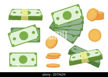 Gold coins and green paper currency set. Money green dollars for business banners and concepts. Flat illustration Stock Vector