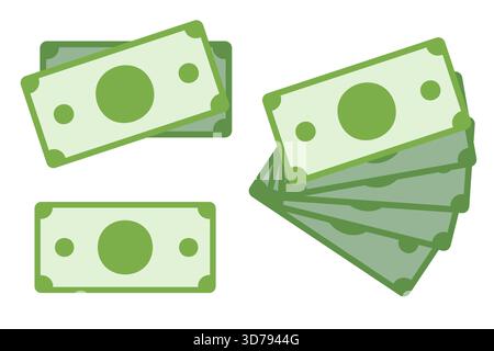 Blank cash money currency note template design in green color. Several bills fanned out. Green currency bank note, cash and money symbol. Flat illustr Stock Vector