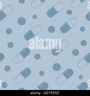 A seamless medical pattern with blue and white pills. A medicine background in blue colors. Stock Vector