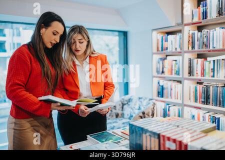 Two women in a bright bookstore browse books together, sharing notes and ideas in a stylish, collaborative moment Stock Photo