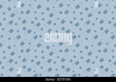 A seamless medical pattern with blue and white pills. A medicine background in blue colors. Stock Vector