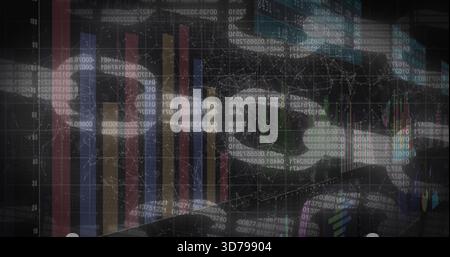 Displaying data display filling frame in dark dashboard, with vertical bars, candlesticks, grid Stock Photo