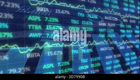 Displaying digital stock market panel on trading wall, showing tickers, percent values, line charts Stock Photo