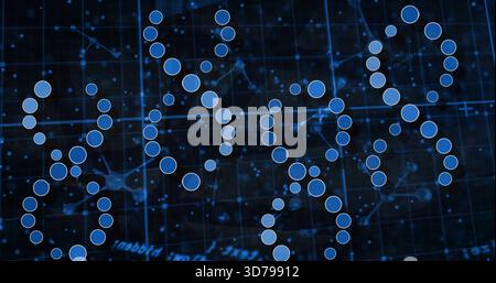 Displaying glowing blue nodes forming ring clusters on data grid, with connecting filaments Stock Photo
