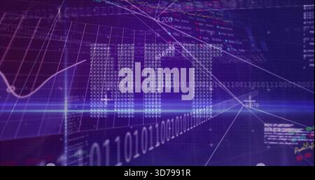 Displaying dotted IPO lettering in virtual dashboard, showing binary, graphs, candlesticks Stock Photo