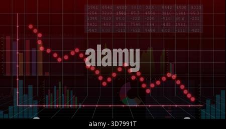 Displaying descending red line with markers trending downward on screen, with teal bars, 3D grid Stock Photo