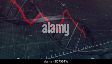 Displaying red jagged line chart crossing translucent DNA double helix on dark grid with axis ticks Stock Photo