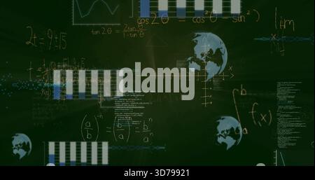 Displaying chalkboard showing written math, integrals f(x), bars, globe icons in classroom Stock Photo