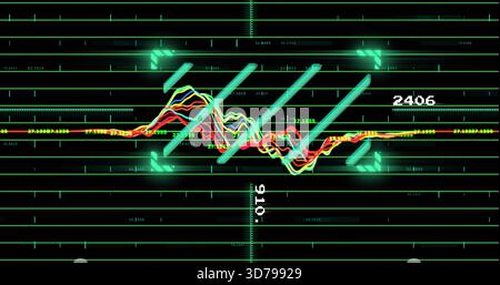 Displaying colorful oscillating waveform on neon grid HUD, showing cyan bars and numeric readouts Stock Photo