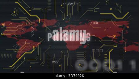 Displaying PHISHING label stretching across red world map on security dashboard, with yellow traces Stock Photo