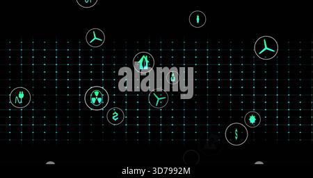 Glowing teal circular icons and dotted grid floating across black dashboard, showing energy symbols Stock Photo