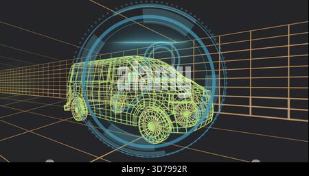 Rendering neon green wireframe van model rotating in virtual 3D space with orange grid, HUD rings Stock Photo