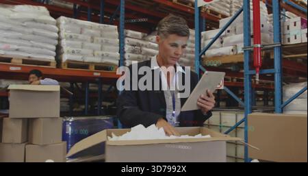 Inspecting manager in blazer and collared shirt using tablet, checking box at warehouse, pallets Stock Photo