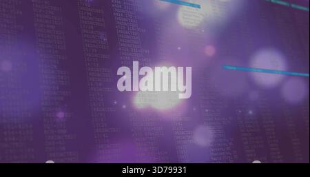 Displaying monitor showing alphanumeric columns and [REDACTED] labels in dim studio, with cyan bars Stock Photo