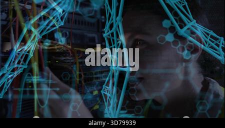 Checking female tech adjusting server rack at data center, wearing dark top, LED lights, copy space Stock Photo