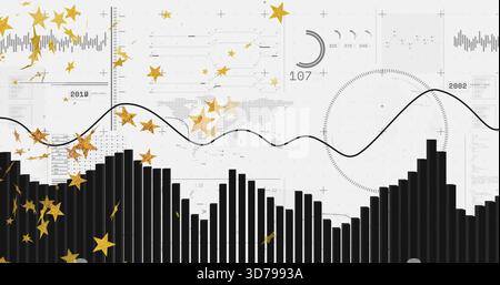 Presenting black vertical bar chart on off-white canvas, showing line, gauge 107, gold stars Stock Photo