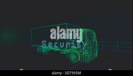 Rendering neon-green wireframe box truck on right in 3D corridor, neon grid and Cyber Security text Stock Photo