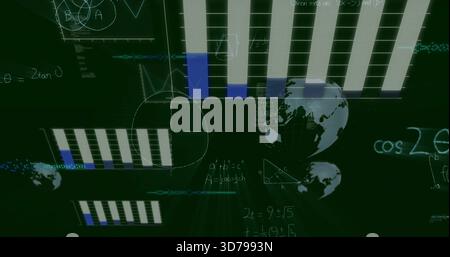 Displaying large vertical bar chart occupying center on green dashboard, showing globes, equations Stock Photo