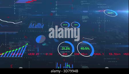 Displaying HUD data cluster centered on blue screen, showing progress rings with percent labels Stock Photo