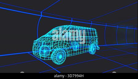 Glowing wireframe van rotating in dark tunnel corridor, showing wheels, windows, mirrors, grid Stock Photo