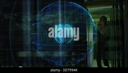Projecting holographic 3D globe spinning in dark demo room, with woman in jacket holding smartphone Stock Photo