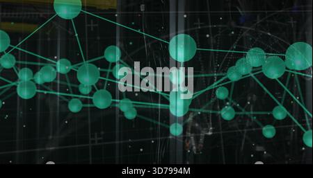Forming teal network of spherical nodes and thin lines in dim exhibit space, featuring panels Stock Photo