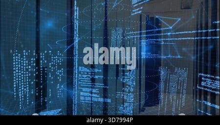 Glowing glass-front server racks casting blue code overlay in data center, with LED lights, cables Stock Photo
